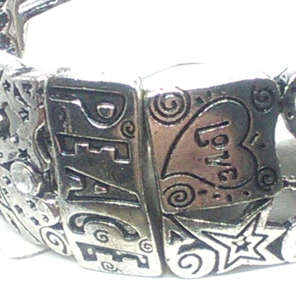 Silver-tone Inspiration Stretch Bracelet Cutouts Crystals Wish Love Peace Bless - Picture 5 of 6